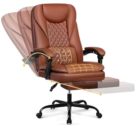 DoChair Bürostuhl ergonomischer Schreibtischstuhl bis 140°mit Fußstütze Kopfstütze Wippfunktion Drehstuhl Chefsessel Kunstleder, Braun