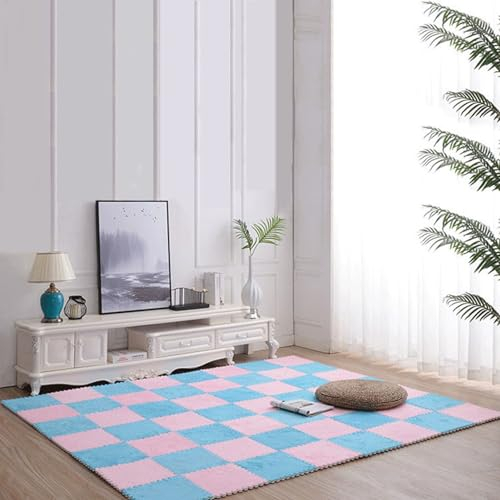 Weiche Ineinandergreifende Teppichfliesen, 18 Stück Plüschschaum-Fußmatten, Flauschige Puzzle-Teppiche, Quadratische Matten, 1 cm Dick(Color:Rosa+Blau)