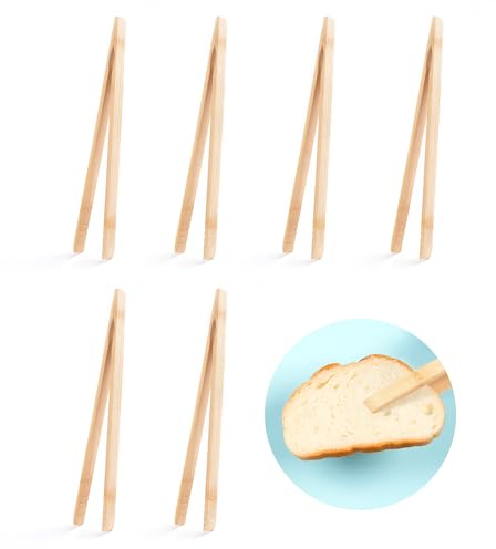 Umweltfreundliche Bambus-Toasterzange, 26 cm, Holzzange für Toaster, wiederverwendbare Brotzange mit rutschfestem Design für Obst, Gurken, Salat, Nudeln, Grill, 6 Stück