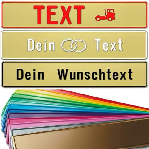 1 Stück Fun Kennzeichen 52cm x 11cm mit Wunschtext Individuell Wunschkennzeichen Wunschprägung Namens Kennzeichen Aluminium Namensschild | Individuelles Fun-Kennzeichen (Gold)