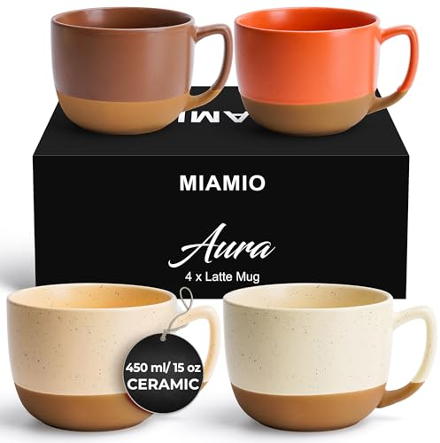MIAMIO – Tassen 450 ml, 4er-Set Keramik-Latte Tassenset – Elegantes, modernes Kaffeetassen Set für Café, Tee, heiße Schokolade – Aura Kollektion (Gemütlich Neutral, Kaffeebecher (4x))