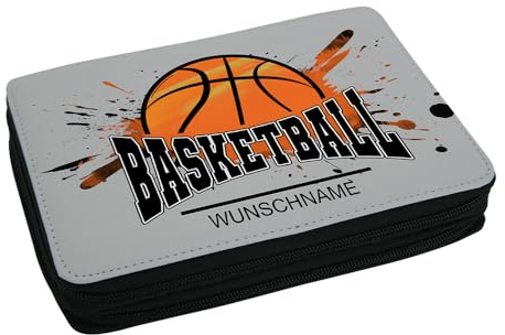 Eurofoto Schulmäppchen mit Namen und Motiv Basketball | Federmappe mit Hobby personalisiert inkl. Stifte, Lineal, Radierer, Spitzer