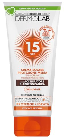 Dermolab - Sonnencreme mit Lichtschutzfaktor 15, samtige Textur, nicht fettend, mit Bräunungsbeschleuniger und feuchtigkeitsspendender Hyaluronsäure, wasserfest, 200 ml