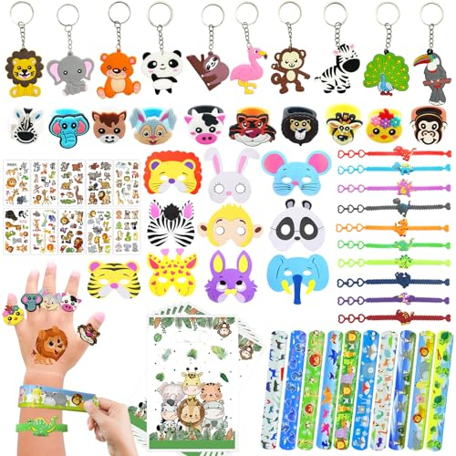 PQKL-party Gadget Giungla, Set di Pensierini Per Feste con Animali, Giungla Gadget Festa Della Giungla, Regalo di Animali, Portachiavi, Maschere, Adesivi, Braccialetto, Anello, Accessorio Per Feste
