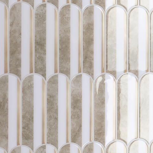 CRE8TIVE 16 Piezas Azulejos Adhesivos Baño 3D Baldosas Adhesivas Pared Beige Blanco Vinilos Azulejos Cenefa Cocina Forma de Abanico Largo Marmol Azulejos Adhesivos Cocina Para Lavadero 30.5cm x 30.5cm