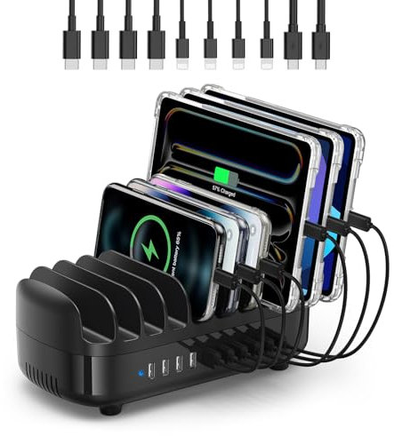 ORICO 120W Ladestation für Mehrere Geräte, Neues Upgrade 10 Ports Smart USB Ladestation mit Kühlventilator, Kompatibel mit iPhone 15/14/13/12,iPads, Android Phone und Tablets (Enthält 10 Kabel)