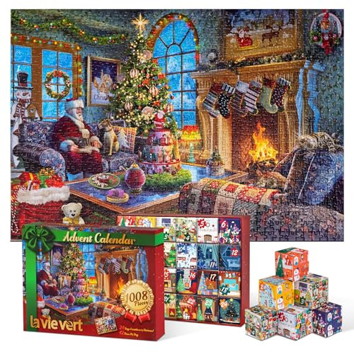 Lavievert Adventskalender 2025 Weihnachtspuzzle, 1008 Teile 24 Tage Countdown bis Weihnachten Puzzle, Wohnkultur Familienspiel Urlaubsgeschenke für Erwachsene - Weihnachtsmann