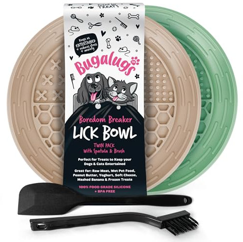 Bugalugs Dog Mat Bowl Lick Mats For Dogs, 100% Food Grade Cat Food Mat & Licky Mats For Dogs - Lick Mat Bowl Reduce Stress & Anxiety, 2x Pet Food Mat Bowl, Spatula & Brush (Green & Beige)
