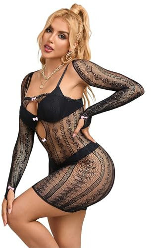ohmydear Fishnet Lingerie for Women Sets Plus Size Long Sleeve Babydoll Chemise Sexy Nightwear Sheer Mesh Rave Outfits Stretchy Black Mini Night Dress XS-M