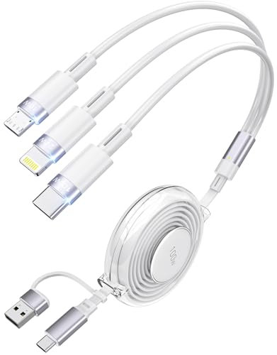 100W 5-in-1 Retractable Charging Cable, Lightn-ing/Micro USB/Type C Multi Charger Cord for iPhones, iPads, MacBook, Tablets, Galaxy, Note & More - 4Ft/1.2M 5A Fast Charging, Durable & Portable, White