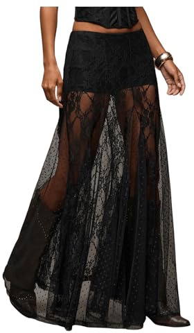 MakeMeChic Women's Lace Sheer Maxi Skirts Floral Polka Dots Ruffle Concert Boho Goth Long Skirts Black Small