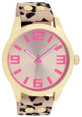Oozoo Timepieces Unisex Uhr in Leopard/Taupe/Pink - Armbanduhr Unisex mit Lederarmband | Hochwertige Uhr - Edle Analog Unisexuhr in rund C1099