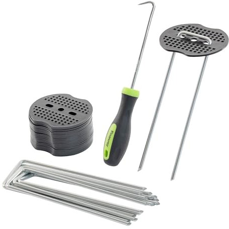 FINEWAY 50 Weed Membrane Pegs – Heavy Duty Galvanised Steel Ground Stakes with Hook Tool & Buffer Washers – Rustproof, Weatherproof Pegs for Garden Landscape Fabric, Tents, Tarps, Outdoor Use