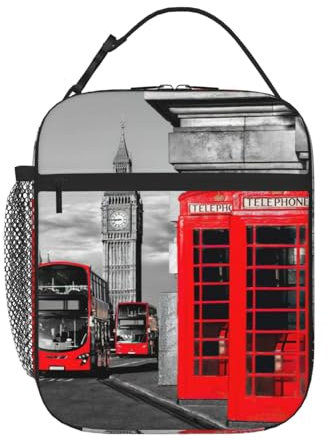 JEJEA Bolsa de almuerzo con estampado de teléfono de Londres retro para mujeres, hombres y adultos, lonchera con bolsillo frontal