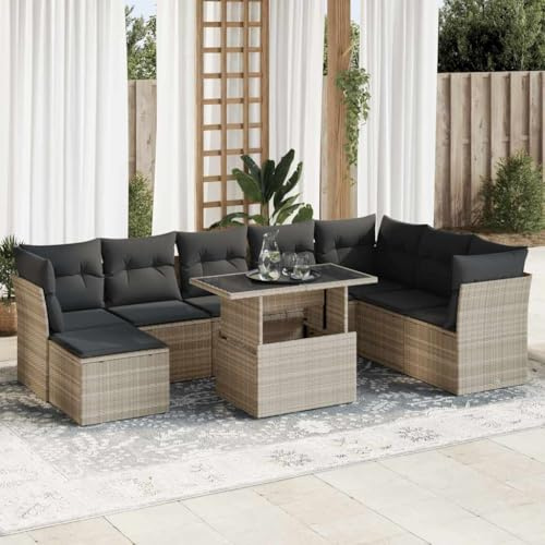 Teenpull 9-TLG. Garten-Sofagarnitur, Hellgrau Poly Rattan Lounge Set mit Kissen, Verstellbarer Tisch, Stauraum, für Terrasse, Balkon