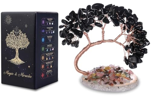 MAGIC AND MIRACLES Obsidienne Arbre de Vie en Cristal Naturel 108 Pierres Feng Shui Chakra Reiki Arbre Bonsaï Énergie Décoration Maison Bureau Cadeau Spirituel Base Pierre Irrégulière 8-11 cm