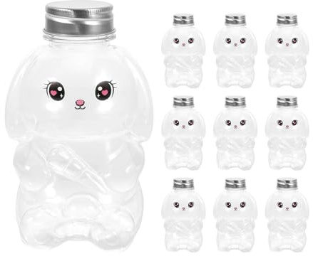 RNXRZANK 10 Stück Leere Saftflaschen Cartoon Trinkgläser mit Verschließbaren Deckeln PET Flaschen für Milchgetränke Und Smoothies für Zuhause Party Ges, 350 Ml