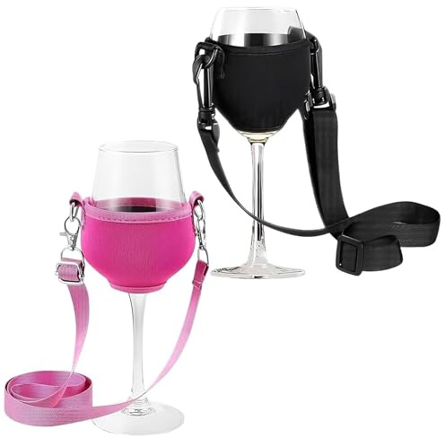 ZIOYANE 2Pcs Portable Wine Glass Holder, Fabric Hanging Cup Sling with Lanyard for Neck, Black/Rose Red