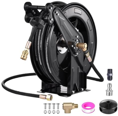 Avvolgitubo retrattile per idropulitrice ad alta pressione, in acciaio pesante, avvolgitubo retrattile automatico, 15 m x 0,95 cm, con tubo da 15 m, 4000 psi, con giunto girevole a 360°