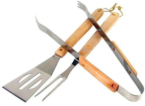 Grillbesteck 3-teilig Edelstahl Grillzange Wender Gabel Holzgriff BBQ Set