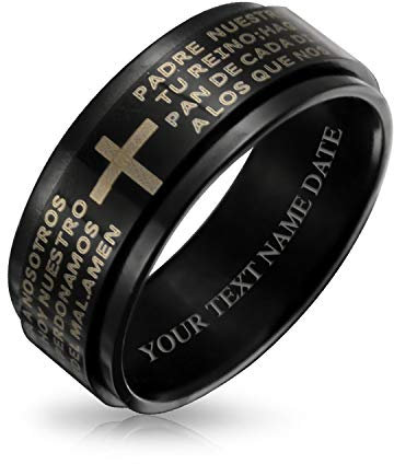 Bling Jewelry Personalisiert Unisex Religiös Padre Nuestro Lords Pray Cross Fidget Spinner Ring Band Für Männer Frauen Teenager Schwarz Silber Ton Edelstahl Custom Gravur