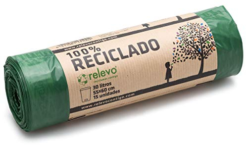 Relevo 100% Reciclado Bolsas de Basura, extra resistentes 30 L, 15 bolsas