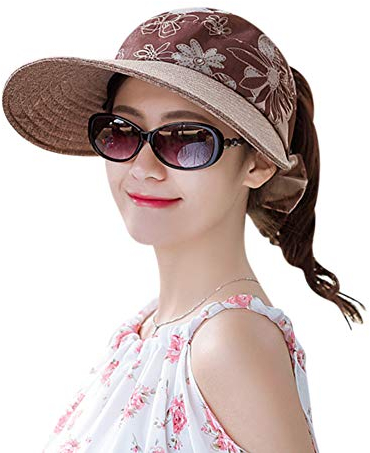 Visor Damen Sonnenhut mit Schirm Sonnenvisor Faltbare Schirmmütze UPF 50+ Strandvisor Outdoor Sonnenmütze mit Blumen Schleife Sommerhut Hellbraun Damenvisor Sommer Visier Hut für Freizeit Reise Sport