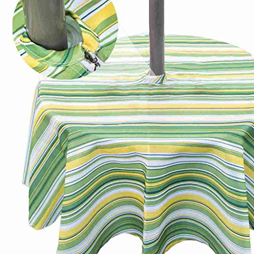 Eternal Beauty Nappe ronde à rayures vertes et jaunes de 152 cm pour intérieur et extérieur avec trou pour parasol et fermeture éclair pour terrasse, fête dans le jardin et barbecue (152 cm)