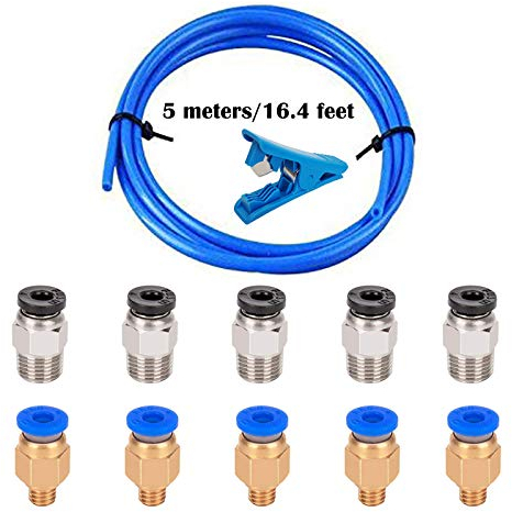 CESFONJER 5 Meter PTFE Schlauch Blau Teflonschlauch mit 5 Stück PC4-M6 Pneumatik-anschlussstücke und 5 Stück PC4-M10 Verbinder und Leitung Rohrschneider, für 3D-Drucker 1,75 mm Filament