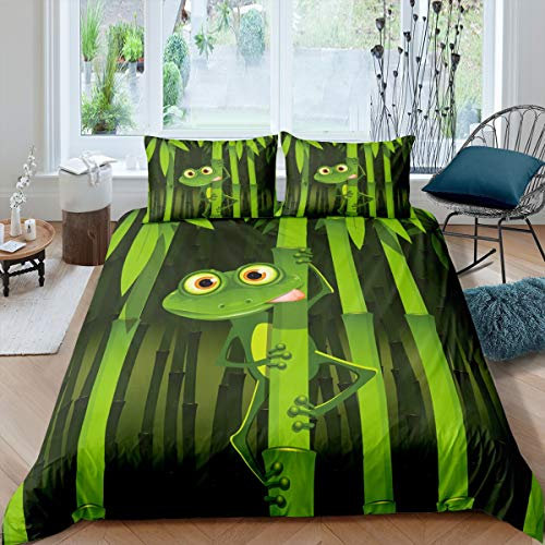 Loussiesd Bettwäsche Set Frosch Bambus Grün Bettbezug Set Kinder Jungen Mädchen 135x200 cm Microfaser Betten Set mit Reißverschluss und 1 Kissenbezug 80x80 cm