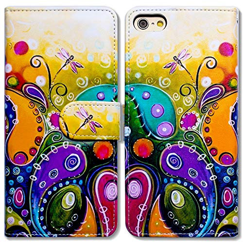 BCov iPhone SE Case, Flip Phone Wallet Cover with Card Slot Holder Kickstand - Colorful Dragonfly Leather for 4.7 iPhone SE 2020/8/7