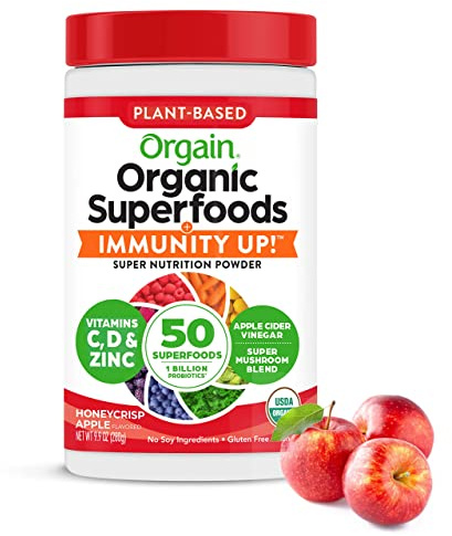 Orgain Organic Greens + 50 Superfoods Immunity Up! Powder, Honeycrisp Apple - Immune Support, Probiotics, Vitamin C, D & Zinc, Apple Cider Vinegar, Ashwagandha, Cordyceps & Reishi Mushrooms - 0.62lb