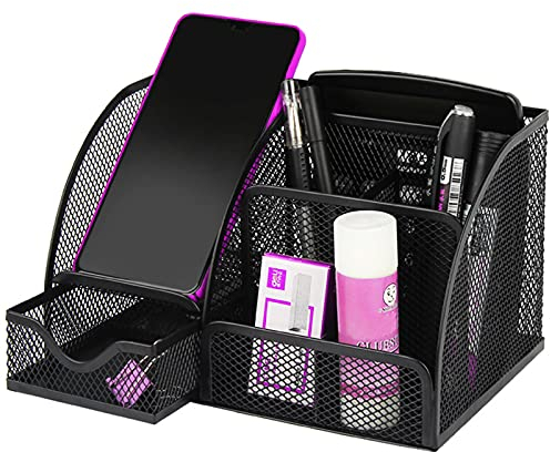 ZDZBLX Desk Organiser - Metal Mesh Pen Holder with Drawer - Pencil Organizer Pen Pot Desktop Storage, Multi-Functional Desk Tidy Accessories and Stationery Organizer for Home, Office, School, Black