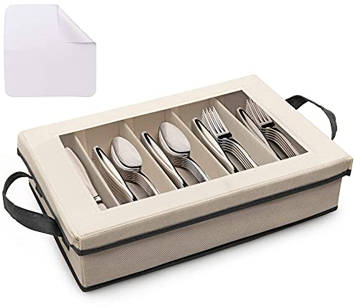 NUNEZRO Cutlery Storage Box - Silverware Flatware Sterling Silver Organizer Box with Adjustable Dividers and Removable Lid - Complete with Microfiber Cloth