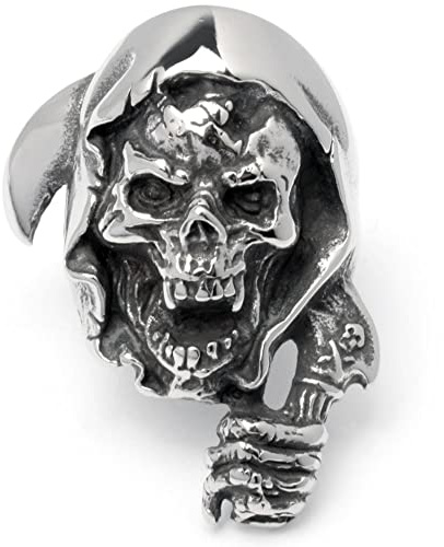 Schmuck-Checker Großer Sensenmann-Ring aus 316L Edelstahl silber Totenkopf Sichel Samcro Gevatter Tod Schnitter Biker-Schmuck Geschenk (56 (17,8 mm Ø))