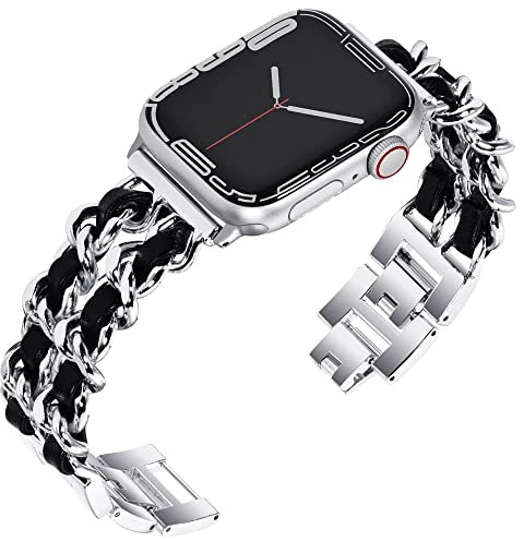 Niboow Cinturino per Apple Watch 49mm 46mm 45mm 44mm 42mm Series 11/10/9/8/7/6/5/4/3/2/1/Ultra 3/Ultra 2, Metallo Pelle Cinturini per Apple iWatch SE 3/SE 2 - Argento