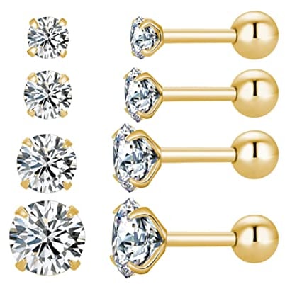 4 Pairs Screw Back Star Heart Square Round Stud Earrings Set, 18K Gold Plated Surgical Stainless Steel Cubic Zirconia Stud Earrings 3-6mm (Gold round CZ)