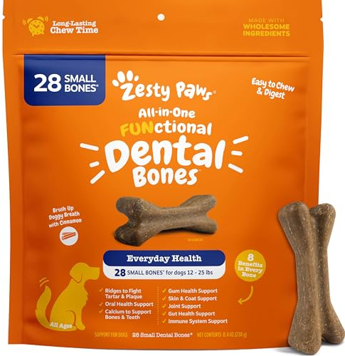Zesty Paws Dental Bones - Fights Tartar & Plaque - Gum, Teeth & Bone Health - Cinnamon for Dog Breath - Immune, Joint, Gut, Skin & Coat Support - Omega 3 EPA & DHA and Calcium - Small Dogs - 28 ct