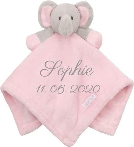 Wuff-Dogsworld Baby Kuscheltuch VIELE Modelle mit Namen Bestickt Geschenk Taufe Geburt Schmusetuch Schnuffeltuch Trösterchen Junge Mädchen (Elefant rosa)