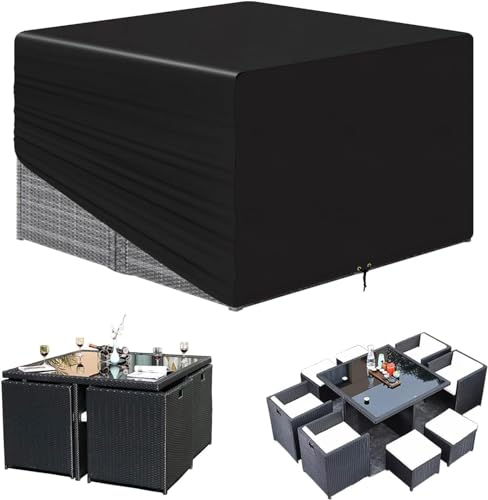 Funshot Abdeckung für Gartenmöbel Wasserdicht Schutzhülle,420D Oxford Gewebe Gartentisch Abdeckplane Gartenmöbel Abdeckung für Loungemöbel Möbelsets ,Winterfest,Winddicht Anti-UV,135x135x70cm