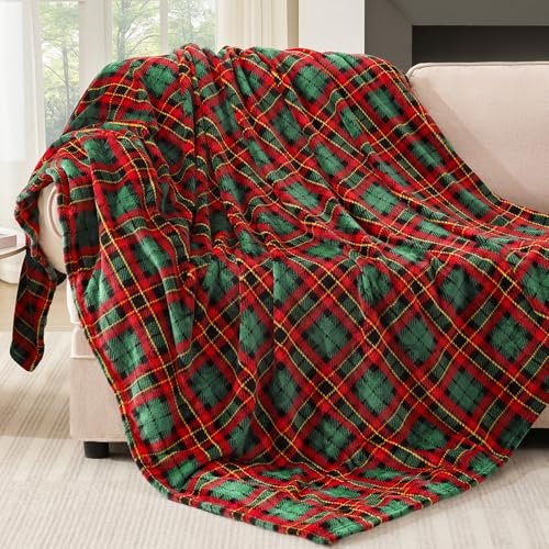 Touchat Couverture de Noël à carreaux pour canapé, sofa et lit, couverture polaire à carreaux en peluche, légère, décoration rustique, 127 x 152,4 cm (carreaux rouge et vert)