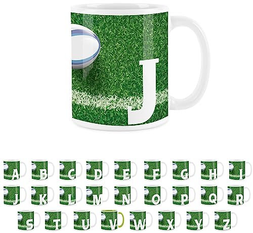 Rugby Letter J Mug - White Initial Personalised Alphabet Tea Coffee Gift Mug Present