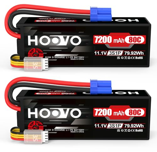 HOOVO 11.1 V Lipo Battery 3S 7200 mAh 80C Hard Case RC Battery Batteries with EC5 Connector Plug for RC 1/8 1/10 Scale Vehicles Car Trucks Boats Hobby (2 packs)