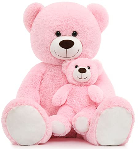 MorisMos Ours en Peluche Geant XXL, 100cm Rose Nounours Geant Mom avec Petit Ours Bébé, Kawaii Peluche Géante, Grand Teddy Bear Cadeau pour Enfants Anniversaire Saint Valentin Decoration