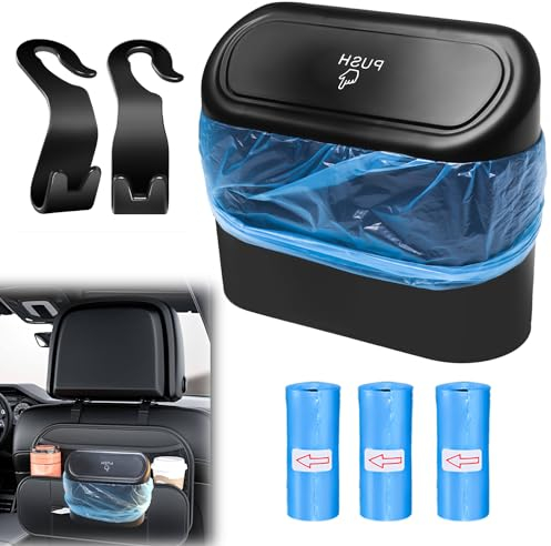 AIVORO Papelera Coche Pequeño: Basura Coche con Tapa - Bote de Basura del Coche, Caja de Almacenamiento con 45 Bolsas de Basura y 2 Ganchos, Apto para Coches, Casas, Oficinas, Exteriores (Negro)