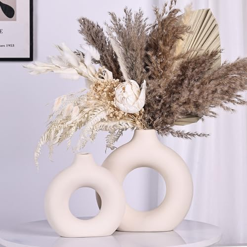 Beige Keramikvase 2er-Set, runde, Hohle, Matte Donut-Blumenvasen, Moderne Boho-Pampasgras-Dekovase für Hochzeit, Wohnzimmer, Büro, Eingang, Kaminsims, Esstisch, Regal-Dekovase