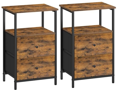 VASAGLE Nachttisch 2er Set, Beistelltisch mit 2 Stoffschubladen, Couchtisch mit Ablagen, 61 cm hoch, für Wohnzimmer, Schlafzimmer, vintagebraun-tintenschwarz-Mattschwarz LGS225K01