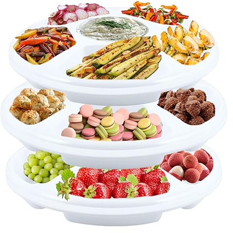 HOMESHOPA Plastic Compartment Trays, 3 Pack Lightweight Reusable Serving Platters for Parties, Compartment Appetizer Platter, Round Divided 6 Section Food Catering Trays for Snacks Fruits Nuts, White