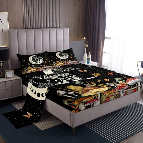 Aquarell-Pilz-Bettlaken, Cartoon-Mond-Motiv, niedlicher Traumfänger, exotisches Bettlaken-Set für Kinder, Teenager, Erwachsene, wilde Schmetterlinge, Sternenhimmel, Galaxie, Bettwäsche-Set mit flachem