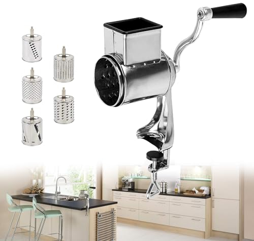 Cheese Grater with Crank, 2 in 1 vegetable cutter mit 5 stainless steel drums Gemüsereibe Käsereibe für Gemüse, Zwiebeln, Karotten, Nüsse